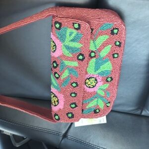 America & Beyond beaded maroon  floral shoulder bag